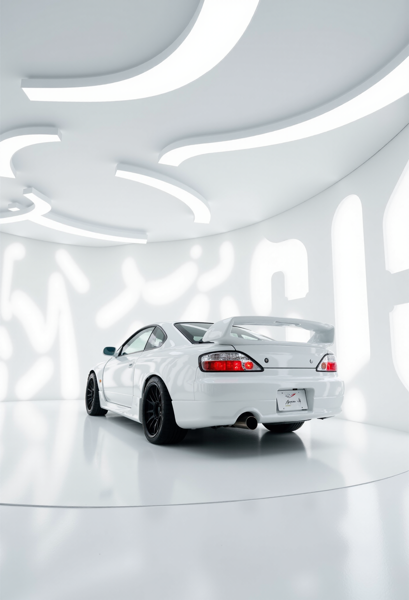 <lora:Nissan_Silvia_S15:0.8> Nissan Silvia S15
In a pristine, all-white infinity studio with no visible corners or edges, the Nissan Silvia S15 rests on a circular matte pedestal surrounded by arching light fixtures suspended like halos. The camera captures an isometric rear-side perspective, revealing the seamless curvature of the body, the low aerodynamic stance, and the crisp geometry of the taillights. Bright, diffuse lighting eliminates hard shadows, instead casting soft ambient glows that sculpt the carâs surface like a clay model come to life. Reflections of the white surroundings ripple across the paint, and a faint shadow beneath anchors it in space. The scene feels serene, immaculate, and reverentialâstyled as a living sculpture in a modernist design museum.  A mirror-like, high gloss finish of the car produces sparkling, bright glints of light across its surface.
