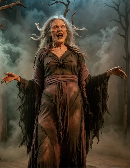 a photo of possessed witch,full body shot,cinematic,volumetric fog