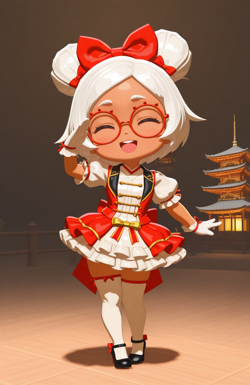 <lora:anatomy_helper:0.8> 1girl, solo, full body, pagoda, happy, ^o^, open mouth, xd,, solo, standing,  salute, upper body,, 3d,
<lora:LilPurah-IL:0.8> prhmini, red eyes, red-framed eyewear, red-framed eyewear, dark-skinned female, white hair, double bun, chibi, idol outfit, frilled dress, thighhighs, heels, gloves, ribbon, hair bow, extremely detailed, highres, masterpiece, best quality