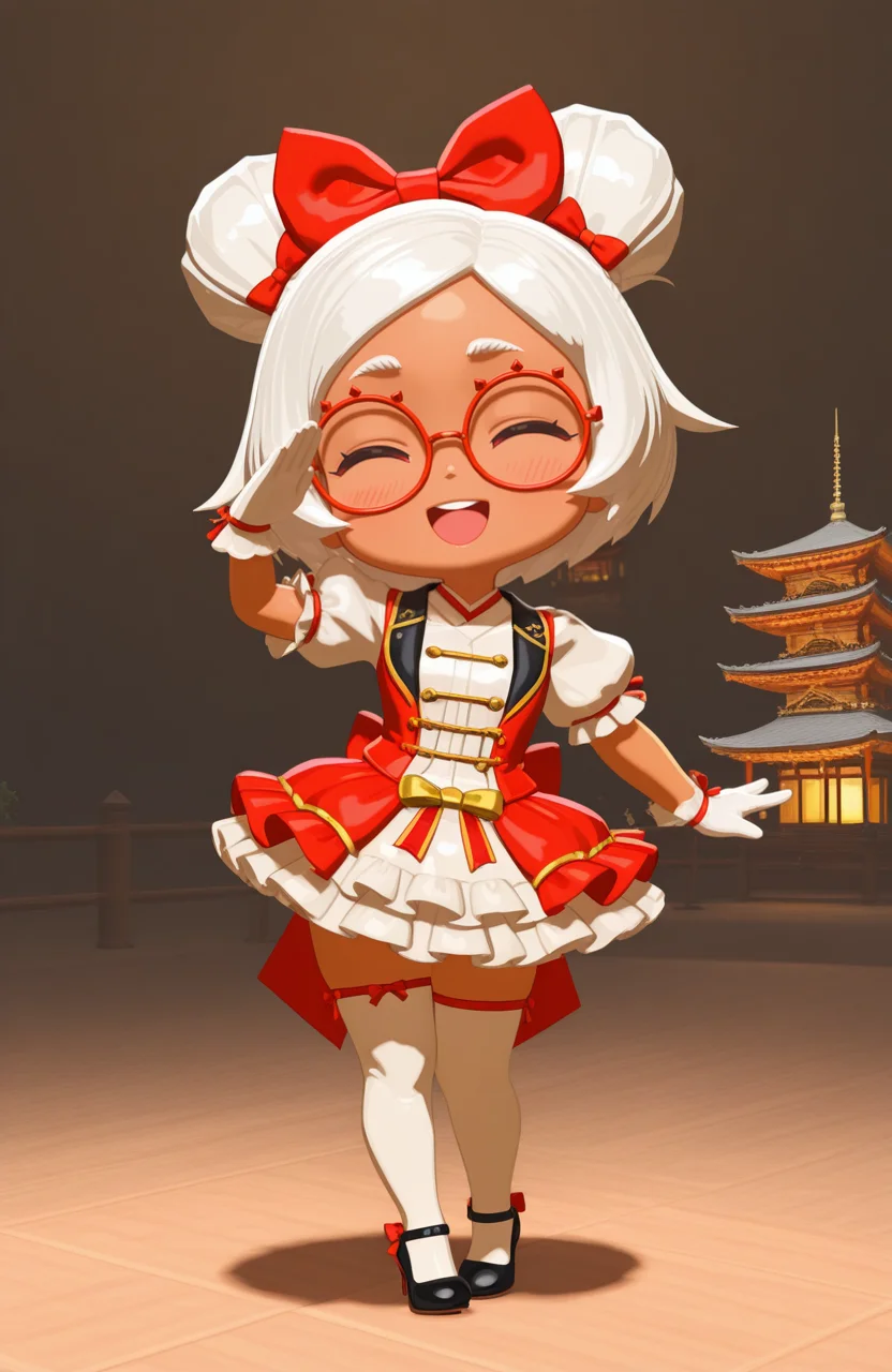 <lora:anatomy_helper:0.8> 1girl, solo, full body, pagoda, happy, ^o^, open mouth, xd,, solo, standing,  salute, upper body,, 3d,
<lora:LilPurah-IL:0.8> prhmini, red eyes, red-framed eyewear, red-framed eyewear, dark-skinned female, white hair, double bun, chibi, idol outfit, frilled dress, thighhighs, heels, gloves, ribbon, hair bow, extremely detailed, highres, masterpiece, best quality