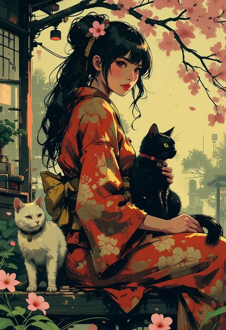 Mh1$AgThS2, intricate linework with expressive contrasts, soft lighting with dynamic highlights, A digital artwork in the style of cknc, image of a Japanese woman in a silk red and gold kimono, long hair, bangs, sakura flower in her hair, sitting in a formal Japanese garden, holding a black cat on her lap, with a white cat at her ankles, turning her head to look back at the viewer