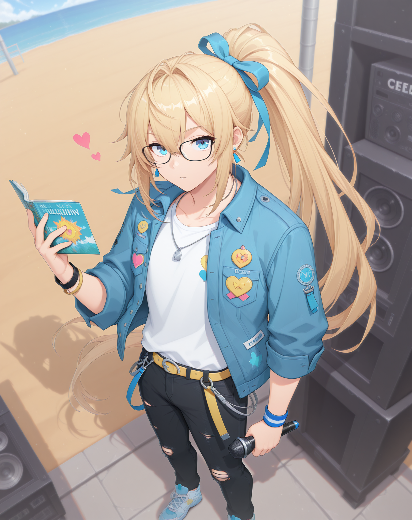 masterpiece, amazing quality, best quality, absurdres, very aesthetic,
1boy, solo, yaoi, male focus, full body, from above, standing, looking at viewer, face focus,
<lora:Grandiel_Commentator_ilxl:1>  grandielcommentator, blonde hair, blue eyes, glasses, high ponytail, black-framed eyewear, hair between eyes, sidelocks, hair intakes,
torn pants, yellow belt, sneakers, denim, black pants,blue footwear, torn jeans, white footwear, zipper pull tab, belt buckle,
blue jacket, white shirt, torn clothes, open jacket, button badge, open clothes, blue bow, hair bow, blue ribbon,t-shirt, fanny pack, multicolored footwear, sleeves past elbows, pocket, short sleeves,tachi-e, long sleeves, clothes writing, print jacket, print shirt,hooded jacket, hair ribbon,
holding book, holding microphone, open book,
jewelry, wristband, bracelet, necklace, heart, earrings,
outdoors, day, blue sky,