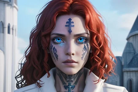 bright red hair, human female, (feminine:1.7), (beautiful face, detailed face:1.6), (beautiful eyes, detailed eyes:1.7), (looking at viewer, eye contact, intense:1.6), (long hair, red hair, curly hair:1.3), , ((masterpiece, best quality, high resolution, realistic, best quality,)), photo realistic, Perfect Face, (detailed face). <lora:GoodHands-vanilla:0.6> <lora:add-detail-xl:0.8>, mage, (Dress White military uniform coat), dagger, rune dagger, glowing runes, , (((glowing magic symbols tattoos, religious tattoos))), ((face tattoos)), glowing tattoos, stone tower in the background