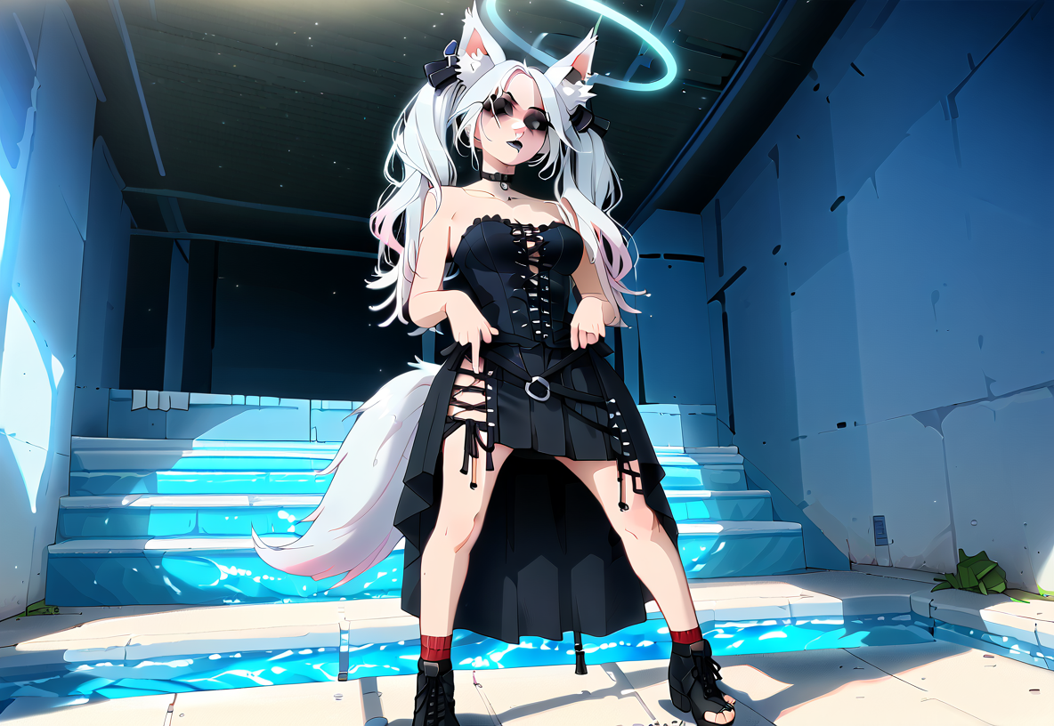 (score_9,score_8_up,score_7_up:1), 1girl, full body,(<lora:ChamKirscheVerstahlPonyXL:1>KirscheVerstahl, animal ears, long hair, twintails, hair ornament, ears through headwear, halo, tail) off voyeur angle, noon lighting, dumb, (goth, (black lipstick, black mascara, black eyeshadow)), (skinny), black hair blonde highlights,choker, eyeshadow, (albino scarred skin), pawg, wide hips, milf, <lora:butt:1>, (swimming), ruined cyberpunk, ((<lora:goth_clothes:1> skirt(side lace-up corset, black skirt))), <lora:Lunas-Sparrow-SDXL-A1:1>