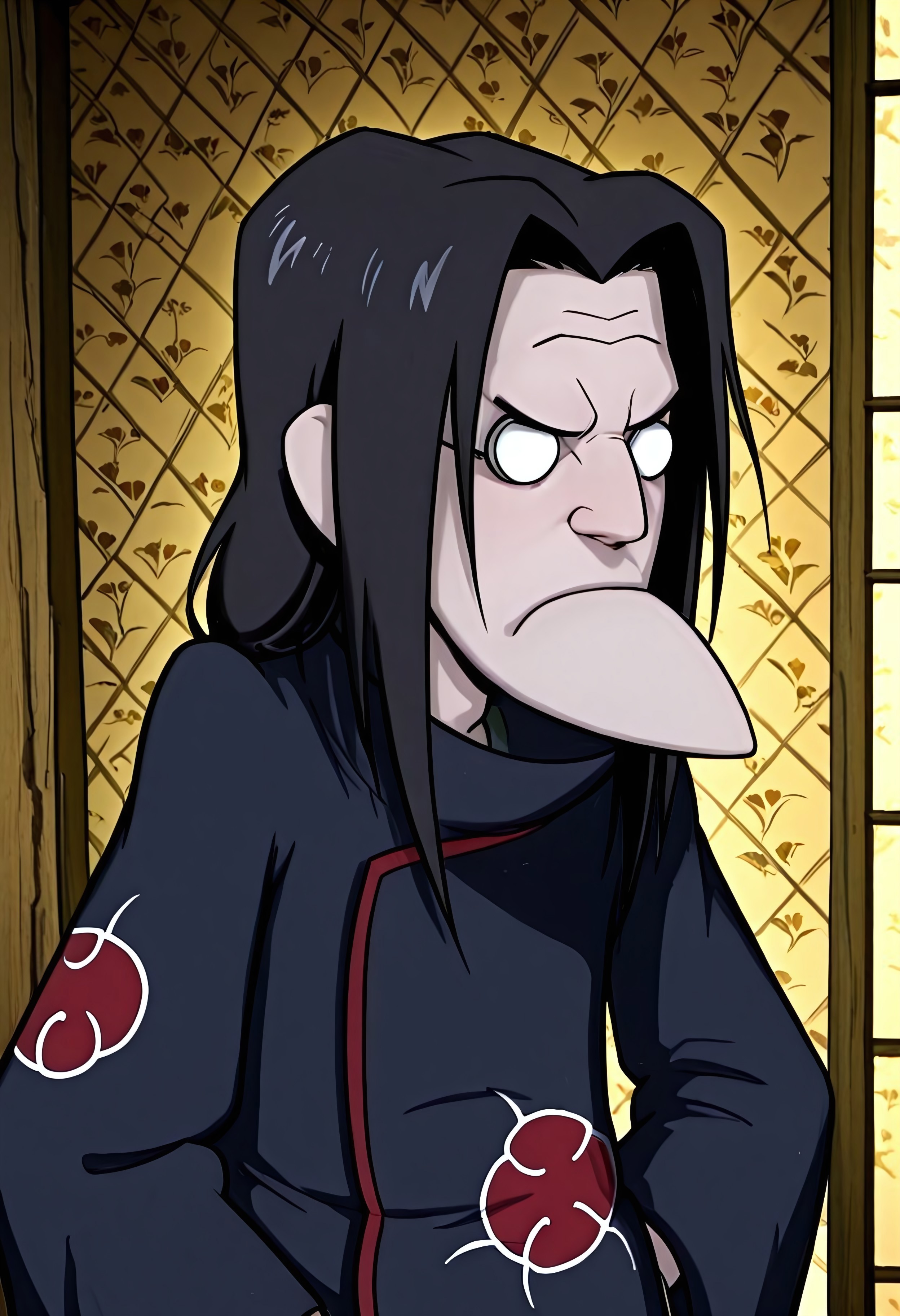 Masterpiece, absurdres, best quality, highly detailed, 1boy, solo, Eustace, Bagge, pointy chin, black hair, long hair, Itachi Uchiha clothes, grumpy expression, it4chii