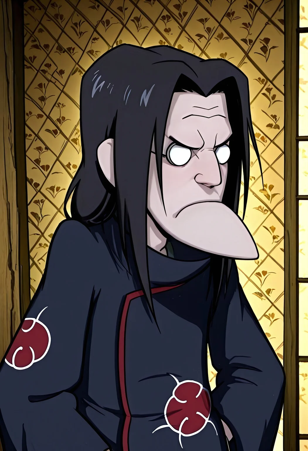 Masterpiece, absurdres, best quality, highly detailed, 1boy, solo, Eustace, Bagge, pointy chin, black hair, long hair, Itachi Uchiha clothes, grumpy expression, it4chii