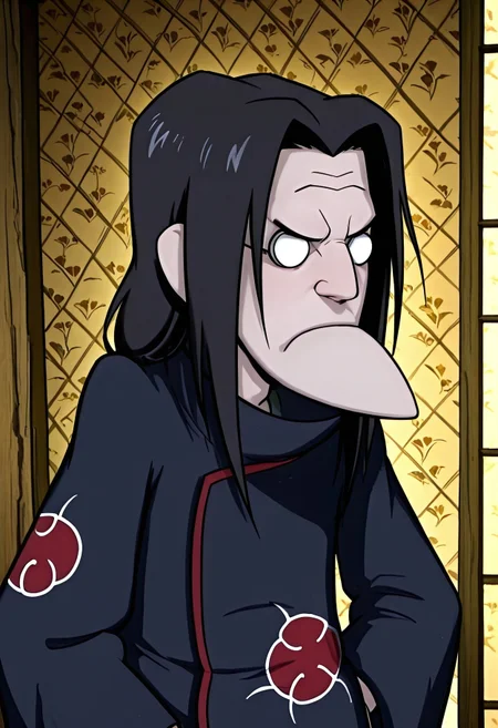 Masterpiece, absurdres, best quality, highly detailed, 1boy, solo, Eustace, Bagge, pointy chin, black hair, long hair, Itachi Uchiha clothes, grumpy expression, it4chii