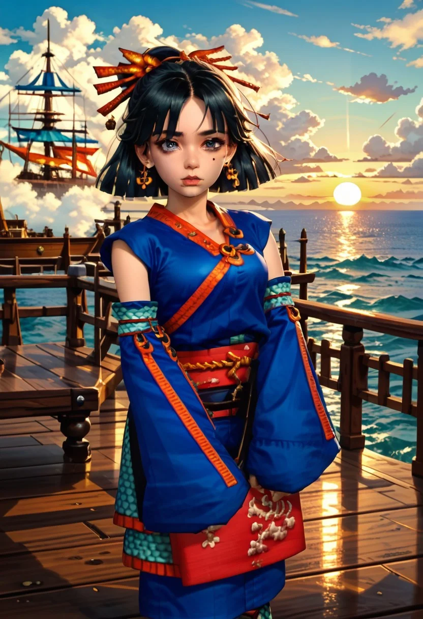 score_9, score_8_up, score_7_up,source_anime, perfect face,highly detailed,urala, 1girl ,solo ,black hair ,detached sleeves ,japanese clothes ,short hair ,mole ,mole under eye,outside, sky, sun,on a pirate ship,on deck,facing toward viewer,