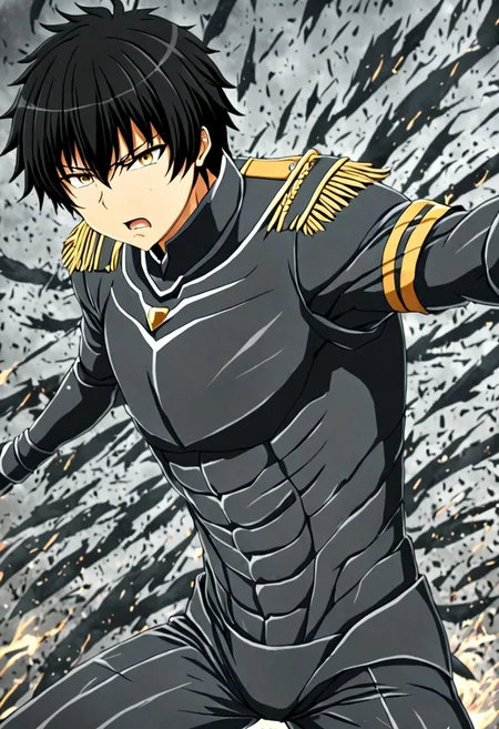 high resolution, solo, best quality, 1Boy, Seiya Kanie, black hair, short hair, military, action, OverallDetail