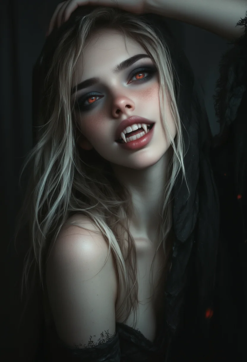 cinematic film still , a beautiful female fun devil , smiling flirty expression,playful,eye contact, demonnic glowing unnatural eyes, focus on face, tease, fantasy art, seductive, serene,sharp teeth demon fangs showing through a smile, flirty, head tilted, dark black background, playing with her hair, beautiful lighting, , , cinematic lighting, professionally retouched, dramatic lighting, <lora:FluxF4ngs:0.9> <lora:OBååå®èåç»V2.0:0.6> obxiaoxiang <lora:aidmaFLuxPro1.1_v0.3:0.65> aidmafluxpro1.1 . shallow depth of field, vignette, highly detailed, high budget, bokeh, cinemascope, moody, epic, gorgeous, film grain, grainy