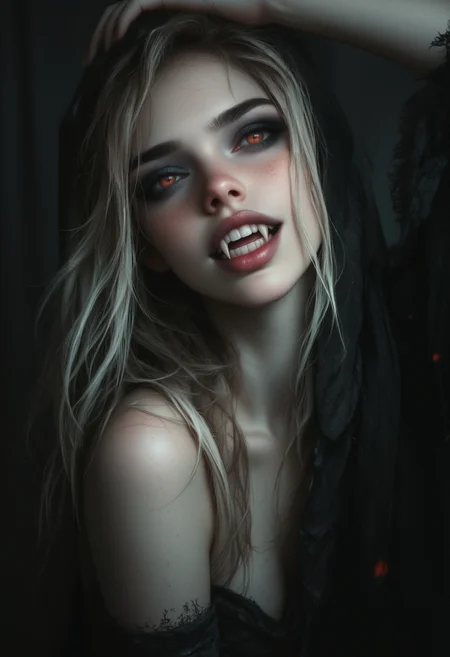 cinematic film still , a beautiful female fun devil , smiling flirty expression,playful,eye contact, demonnic glowing unnatural eyes, focus on face, tease, fantasy art, seductive, serene,sharp teeth demon fangs showing through a smile, flirty, head tilted, dark black background, playing with her hair, beautiful lighting, , , cinematic lighting, professionally retouched, dramatic lighting, <lora:FluxF4ngs:0.9> <lora:OBååå®èåç»V2.0:0.6> obxiaoxiang <lora:aidmaFLuxPro1.1_v0.3:0.65> aidmafluxpro1.1 . shallow depth of field, vignette, highly detailed, high budget, bokeh, cinemascope, moody, epic, gorgeous, film grain, grainy