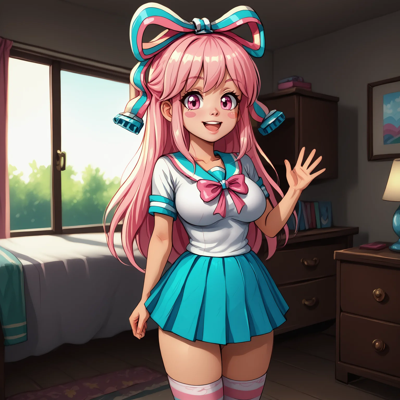 zPDXL2, score_9, score_8_up, score_7_up, detailed, intricate details, chromatic aberration, realistic, front view, head and shoulders portrait, upperbody close-up, cowboy shot, looking at viewer, indoors, home, house, 1girl, solo, <lora:Giffany:0.8> Giffany, open mouth, smile, Pink hair, long hair, pink eyes, big eyes, blush stickers, Hair bow, school uniform, White shirt, blue skirt, pink ribbon, white thighhigh socks, striped socks, pink footwear, large breasts, large ass, thick thighs, slender torso,waving, good_hands, <lora:pony_good_hands:1> <lora:detailed_notrigger:2>