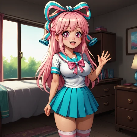 zPDXL2, score_9, score_8_up, score_7_up, detailed, intricate details, chromatic aberration, realistic, front view, head and shoulders portrait, upperbody close-up, cowboy shot, looking at viewer, indoors, home, house, 1girl, solo, <lora:Giffany:0.8> Giffany, open mouth, smile, Pink hair, long hair, pink eyes, big eyes, blush stickers, Hair bow, school uniform, White shirt, blue skirt, pink ribbon, white thighhigh socks, striped socks, pink footwear, large breasts, large ass, thick thighs, slender torso,waving, good_hands, <lora:pony_good_hands:1> <lora:detailed_notrigger:2>