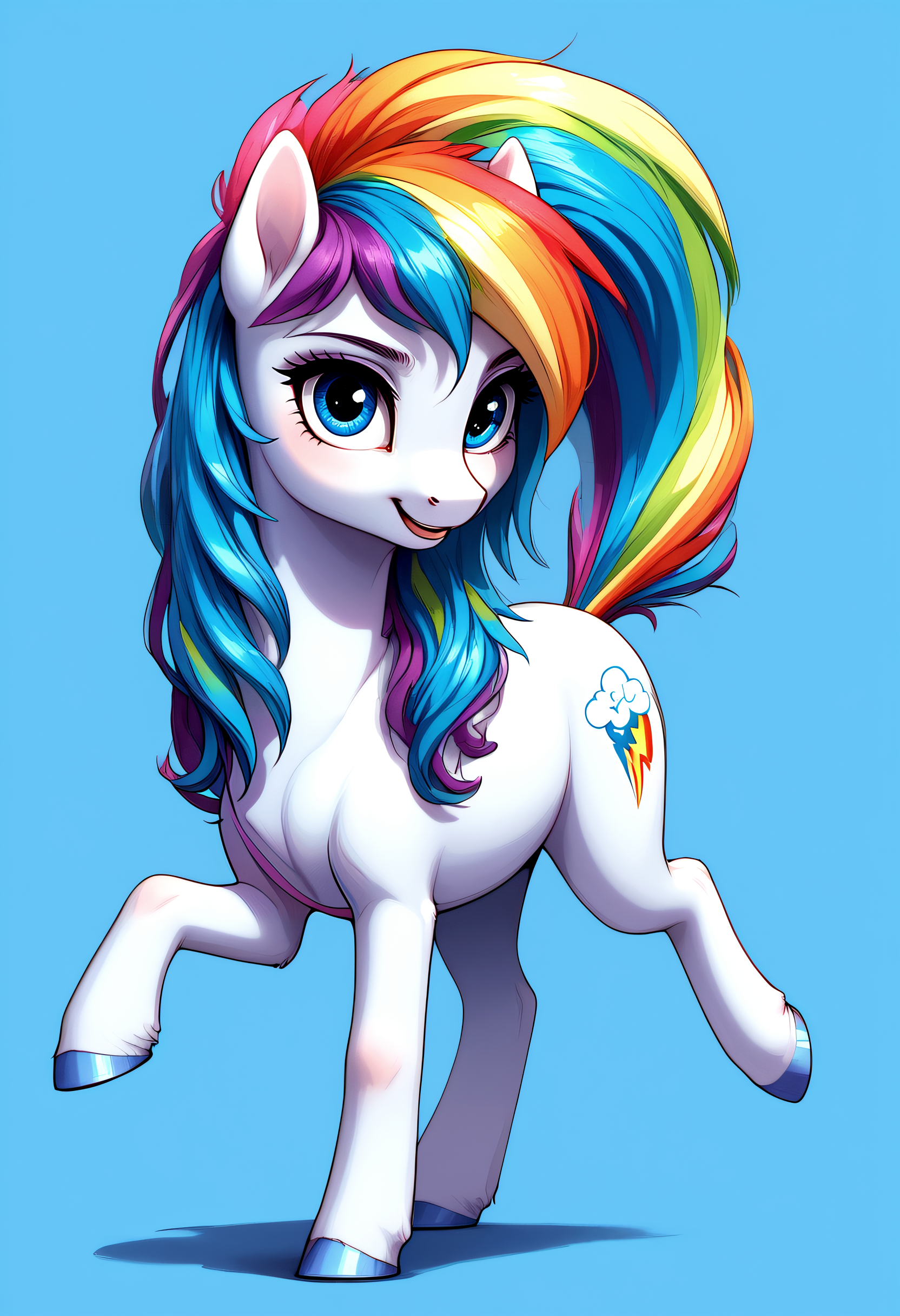 digital art,  My Little Pony character, colorful rainbow mane and tail, large blue eyes, standing pose, playful and cheerful expression, pastel blue background, whimsical and vibrant style, semi-realistic shading, detailed hair strands, fantasy theme, animated and animated style