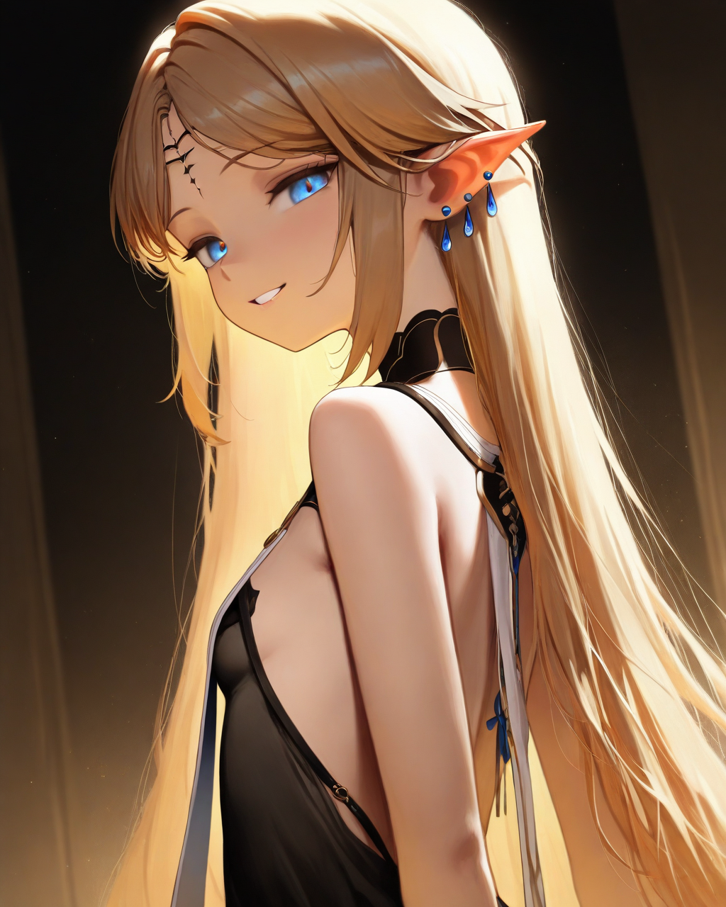 <lora:nyalia_NoobXL:0.7>,<lora:cartethyia_noob:0.8>,masterpiece,best quality,amazing quality,cartethyia,1girl,from behind,from side,looking at viewer,smile,parted lips,sidelocks,small breasts,black dress,bare shoulders,earrings,white tabard,