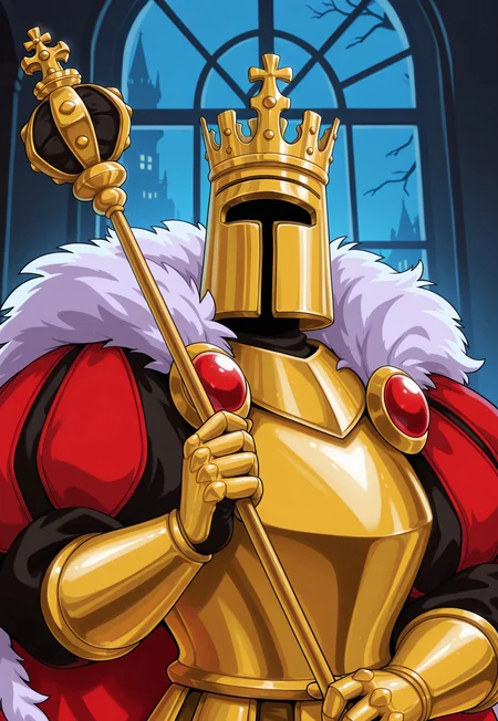 masterpiece, best quality, amazing quality, KingKnightSW, red cape, fur trim, armor, helmet, crown, gauntlets, looking at viewer, upper body, holding a scepter, window, night, detailed background, dynamic pose,