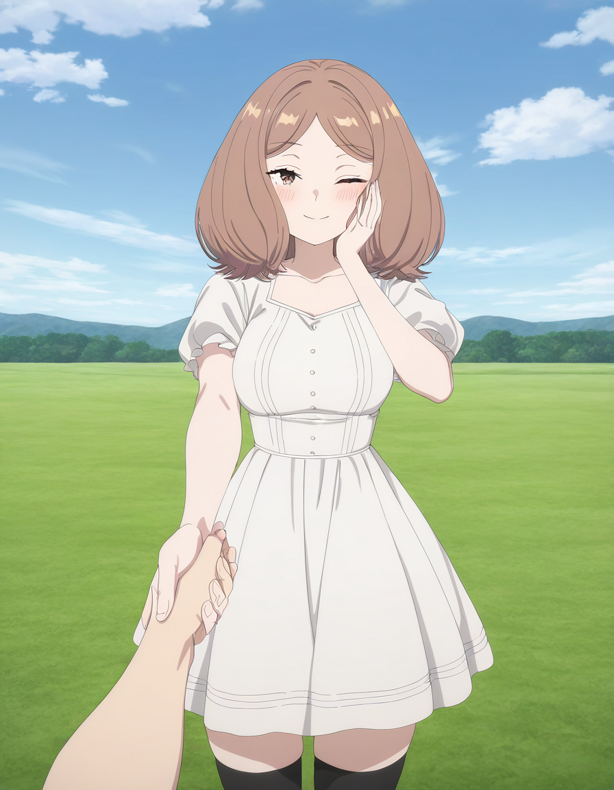 masterpiece, best quality, newest, absurdres, highres, safe,, <lora:mage-edel-s1-illustriousxl-lora-nochekaiser:1>, edel, brown hair, brown eyes, medium hair, medium breasts, anime screencap, thighhighs, dress, black thighhighs, white dress, short sleeves, puffy sleeves, puffy short sleeves, plain, grass, open, vast, sky, smile, guided hand on cheek, hand grab, hand on another's cheek, hand on another's face, looking at viewer, pov, pov hands, smile, blush, one eye closed, caress, caressing cheek, looking at viewer, solo,, cowboy shot, solo