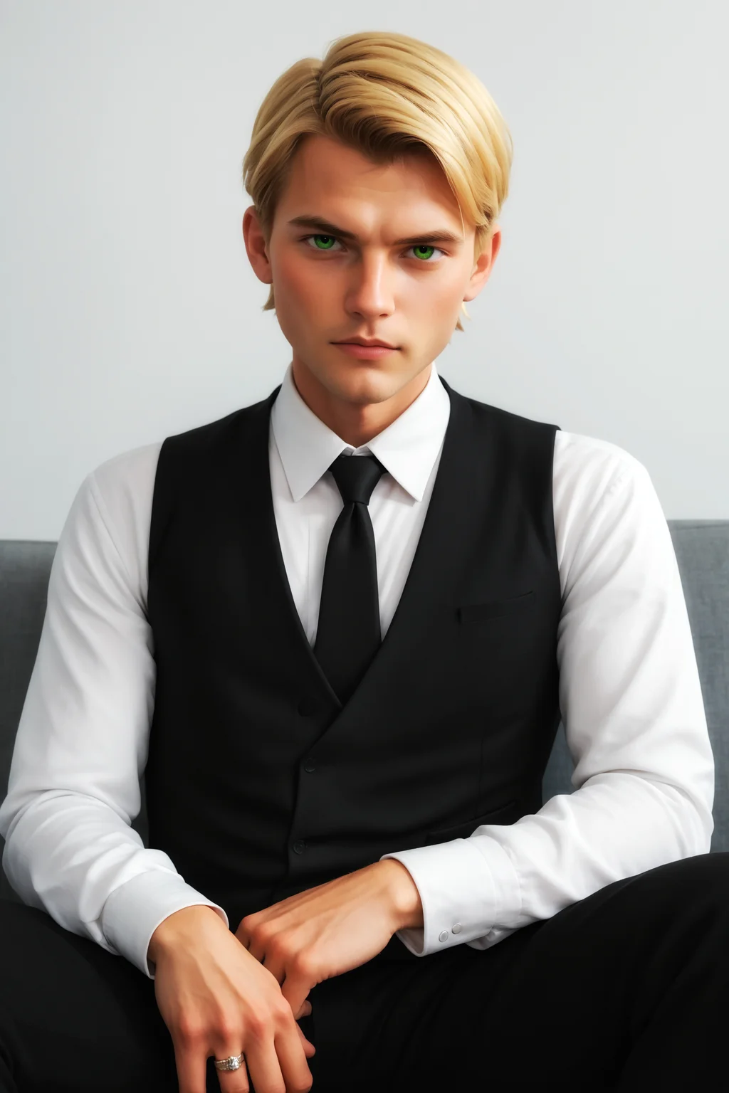 score_9, score_8_up, score_7_up, masterpiece, high quality, solo, 23 years old, imtdflixfathomgrahamdevanily, 1boy, male, blonde hair, vest, black vest, short hair, white collared shirt, necktie, green eyes, long sleeves, black pants, formal, ring, sitting, serious, seductive look, looking at viewer, toned body