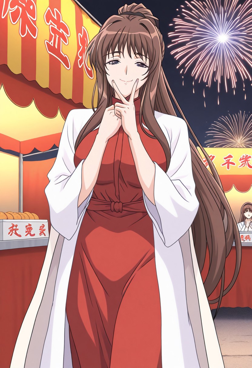 masterpiece, best quality, newest, highres, uncensored, 1girl, yokota mamoru style,motion lines,1girl,Kasatani Youko OVA,long hair, brown hair, long curtain hair bangs, (high ponytail hairstyle), black eyes pupil, clear eyes pupils,Ankle Length hair, Brown hair, Straight hair, Young-adultmasterpiece, best quality,white coat,black,dress,, festival, fireworks, summer night, food stall, traditional, arms up,, smile, looking at viewer, v, v over mouth, smug,, solo,, cowboy shot, dutch angle