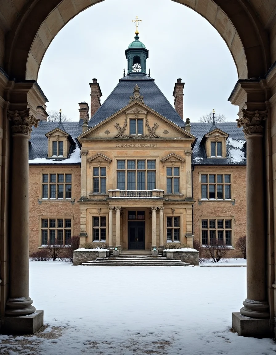 1800s, guilded age, guilded age mansion, stone, columns, snow on floor, cloudy sky, symmetrical view,  beautiful architecture, 
 <lora:Albert_Edelfelt_-_naturalistic_style_and_Realist_approach_r1:1>