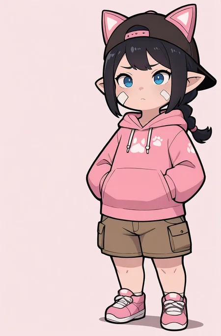 masterpiece, best quality, absurdres,
lalafell, black hair, single braid, blue eyes, solo,
cat ear headphones, pink hoodie, bandage on face, brown cargo shorts, pink sneakers, furrowed brow, hands in pockets, backwards hat,