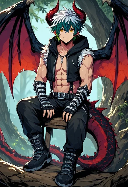 score_9, score_8_up, score_7_up, source_anime, white hair, green hair,multicolored hair, horns, wings, green wings, green horns, tail, scaled human, 1boy, abs, glowing green, green eyes, slit pupils, short hair, abs, (mascular), (muscular), oily skin, shiny, shiny skin, (full body),whitesmith-ro, open clothes, fur trimmed shirt, belt, suspenders, sleeveless, pants, boots, gloves, zoomed out, hands,uncensored, simply backround
negative_hand, NEGATIVE_HANDS, zPDXL3