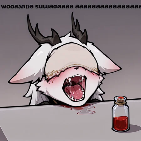 <lora:Vicar_Amelia__Illustrious:1> bbvicamelia, <lora:WaoPipeBomb-IL-v1-rev2-cv:1> woahpipebomb, chibi, blood vial on the table, open mouth, blush, saliva, fang, english text,, masterpiece, best quality, newest, absurdres, highres, very aesthetic,