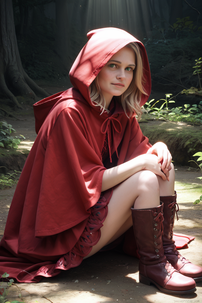 zPDXL, zPDXLpg, dappled sunlight, realistic photograph of little red riding hood, close-up portrait, in a dark forest sitting on the ground, wearing a red hooded cloak, red dress and boots
