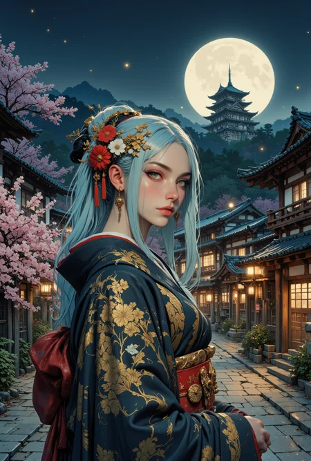 Image is a wide angle high resolution close up digital artwork featuring a beautiful female geisha walking outside in the middle of a ancient japanese town. She has long light blue hair with yellow eyes. She has an ornate and intricately designed kimono on. On her head is a beautiful japanese headress. This is set at night in a japanese castle. In the background is a japanese castle, small japanese village, road, cherry blossum trees, moonlight <lora:FluxMythR3alisticF:0.5> <lora:FluxMythG0thicL1nes:0.6> <lora:FluxMythR3tr0Style:0.6> <lora:OBååå®èåç»V2.0:0.6>