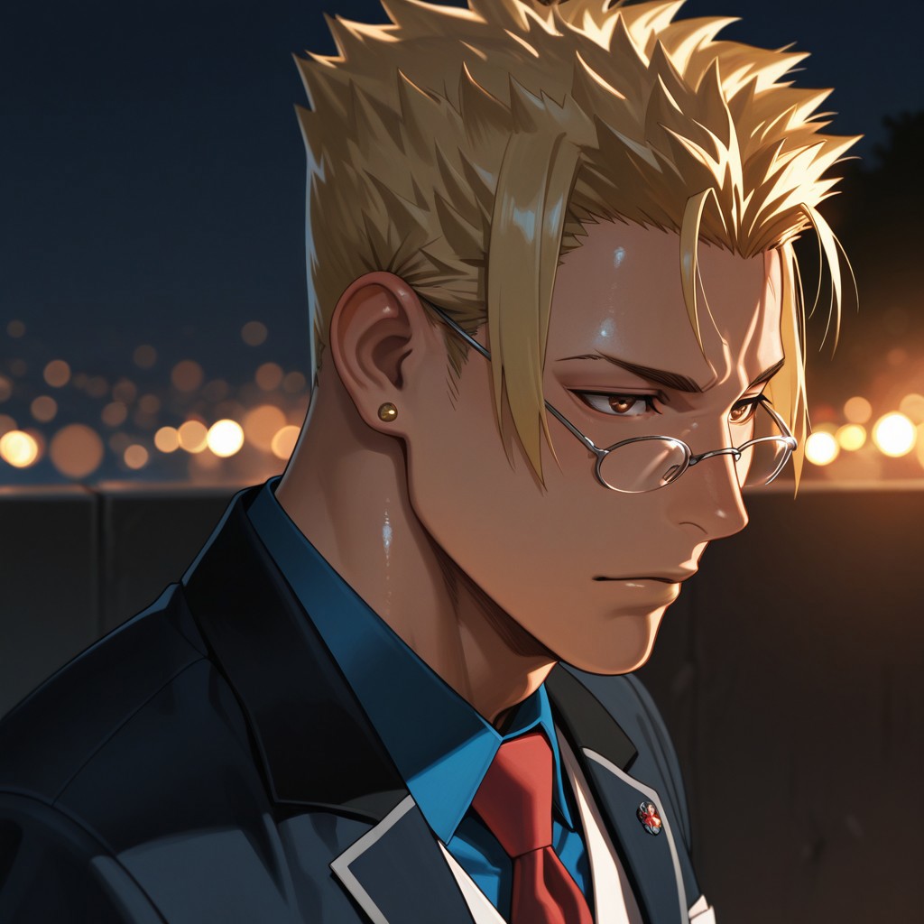 masterpiece, best quality, amazing quality, absurdres, newest, detailed background, definition so sharp, Ultra-HD, 8K cinematic, very awa, impressionate, amazing quality, highres, 
solo, male focus, manly, shadow, shiny skin, mature male, extream close-up, soft coloring,
kibasameoka, kiba_blonde, kiba_brown eyes, 1boy, short hair, spiked hair, glasses, earrings, blue blazer, blue collared shirt, red tie, white vest, bokeh, night, serene,
