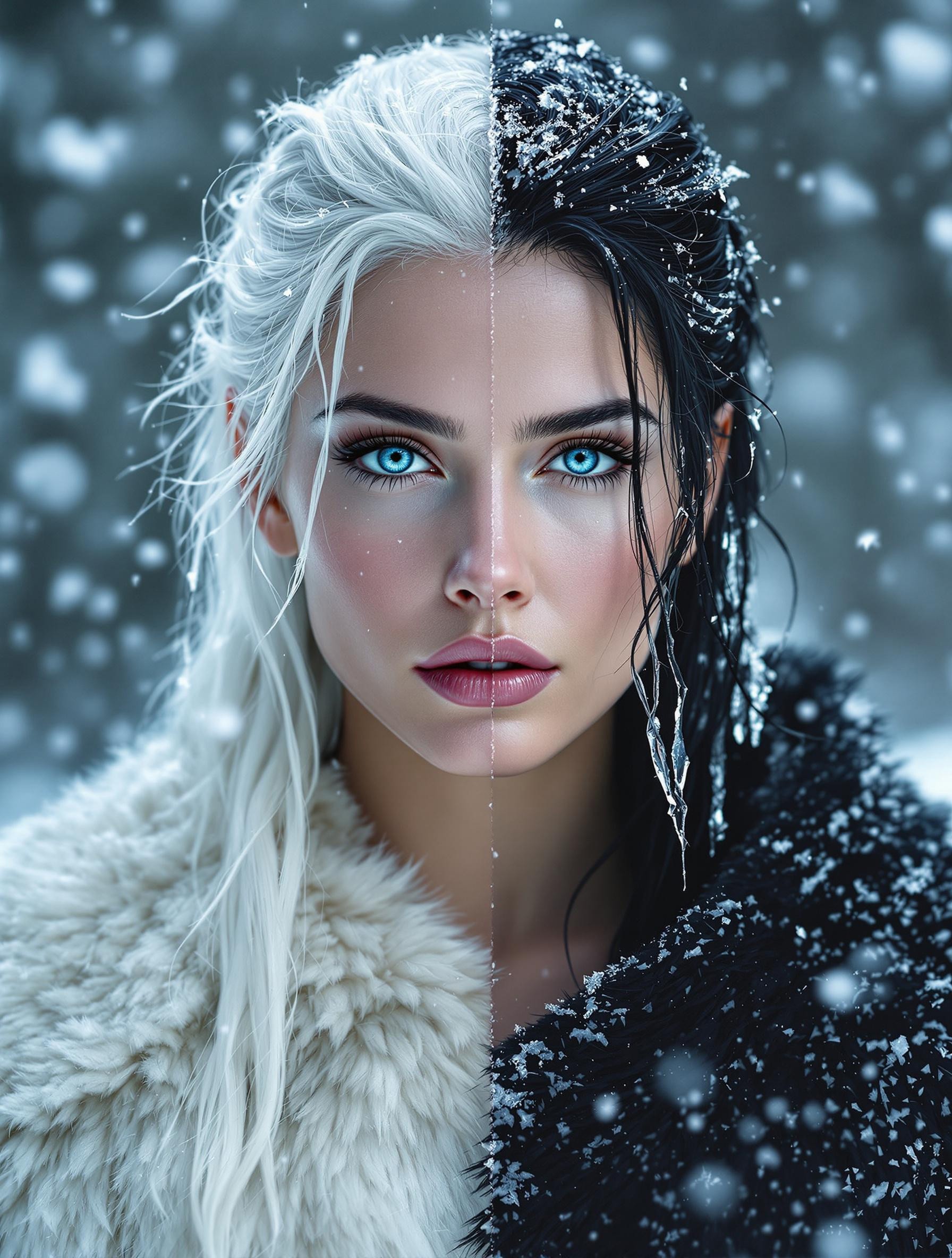 nbn-hel, A frontal portrait of Hel standing beneath falling snow. Her white hair on the left glows in the cool light, tied back with frost-covered threads. The right half of her face has a cold, matte tone, her black hair trailing with icicles. The shift between the two halves is gradual and natural — the skin tones blend seamlessly from warm to cold. Her gaze is focused but distant. She wears a half-cloak: smooth fur on the left, coarse leather on the right. The snow around her falls evenly, enhancing the balance.