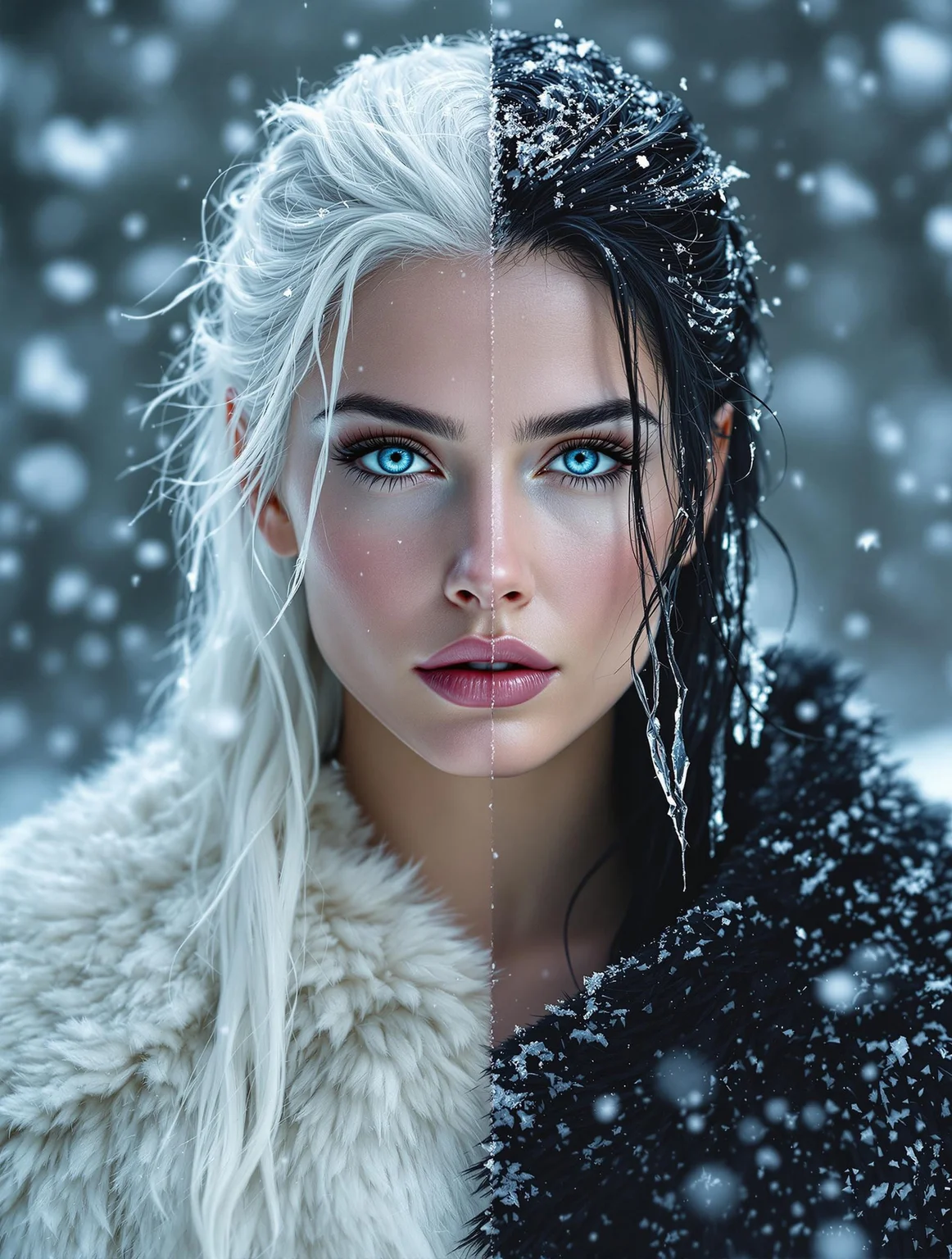 nbn-hel, A frontal portrait of Hel standing beneath falling snow. Her white hair on the left glows in the cool light, tied back with frost-covered threads. The right half of her face has a cold, matte tone, her black hair trailing with icicles. The shift between the two halves is gradual and natural — the skin tones blend seamlessly from warm to cold. Her gaze is focused but distant. She wears a half-cloak: smooth fur on the left, coarse leather on the right. The snow around her falls evenly, enhancing the balance.