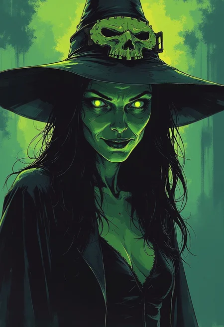 An ethereal sketch using lineart techniques and wet on wet painting of a witch with green skin, wearing a talking witch hat. The hat has an evil face with a stitched mouth. A living witch hat is adorned as the witches face lights up within the darkness and fog surrounding her, creating a surreal and spooky effect, reminiscent of Halloween. An upper body portrait, with dark lighting accentuating the creepiness of the atmosphere. Scary, and surreal, in the style of The Brothers Grimm. The witch is giving an eerie and spooky smile, the smile is alluring and endearing, although her intentions may not be so. d4rkc0mic, anime,