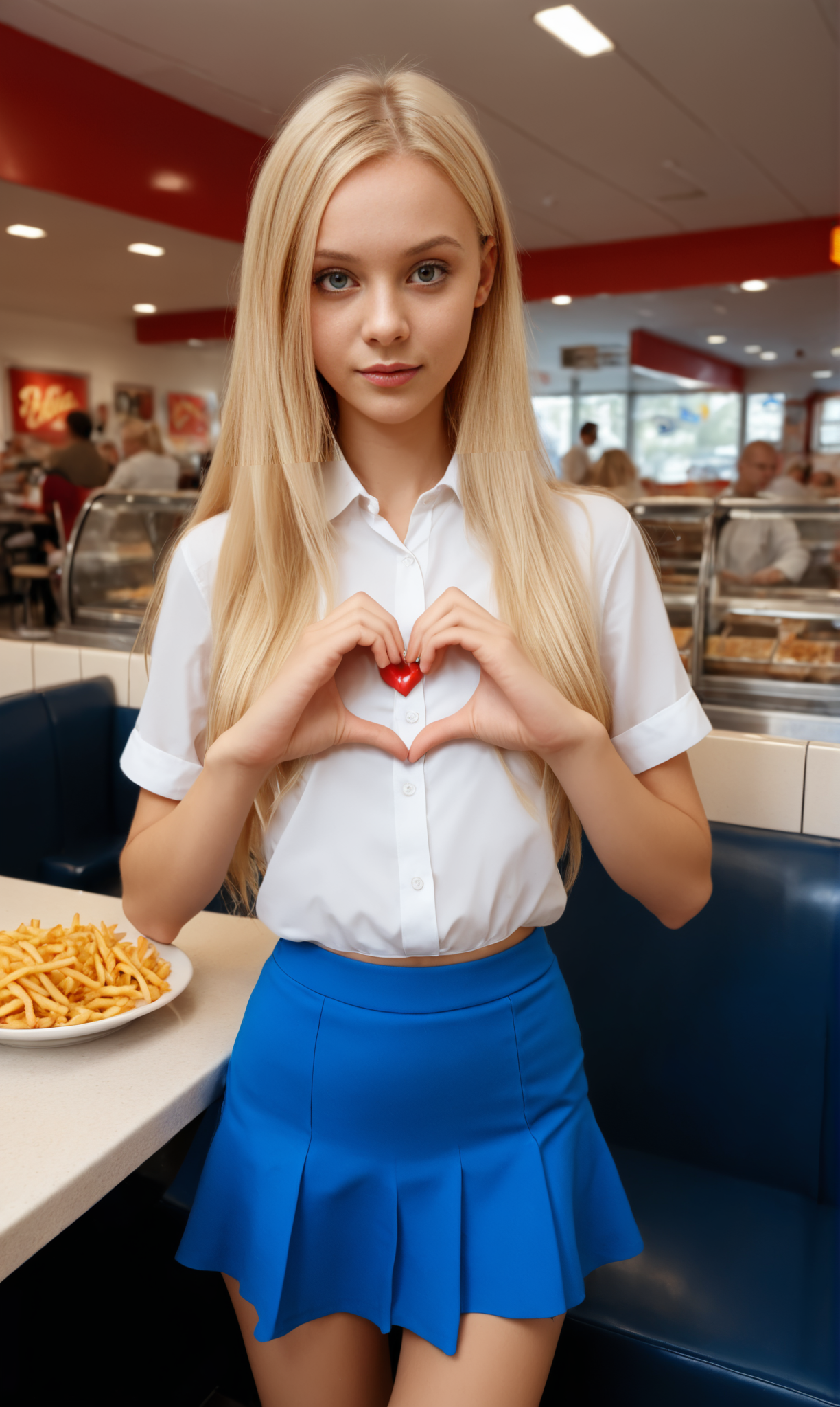 slim girl in a fast food restaurant  ,  fiheartcl,  making heart with hands, blue short skirt and white blouse   , blond long straight hair   <lora:FingerHeart:.8>