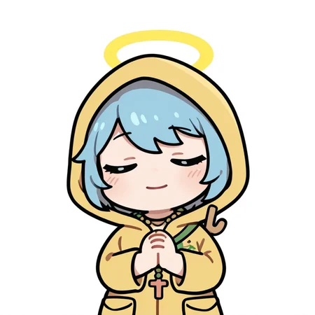 1girl,(solo:1.2),simple background,white background,chibi,meme,closed eyes,praying,light smile,
<lora:luce-IL-1.0:0.9>,luce,upper body,light circle on back,
masterpiece,best quality,amazing quality,<lora:oldstore:1>,