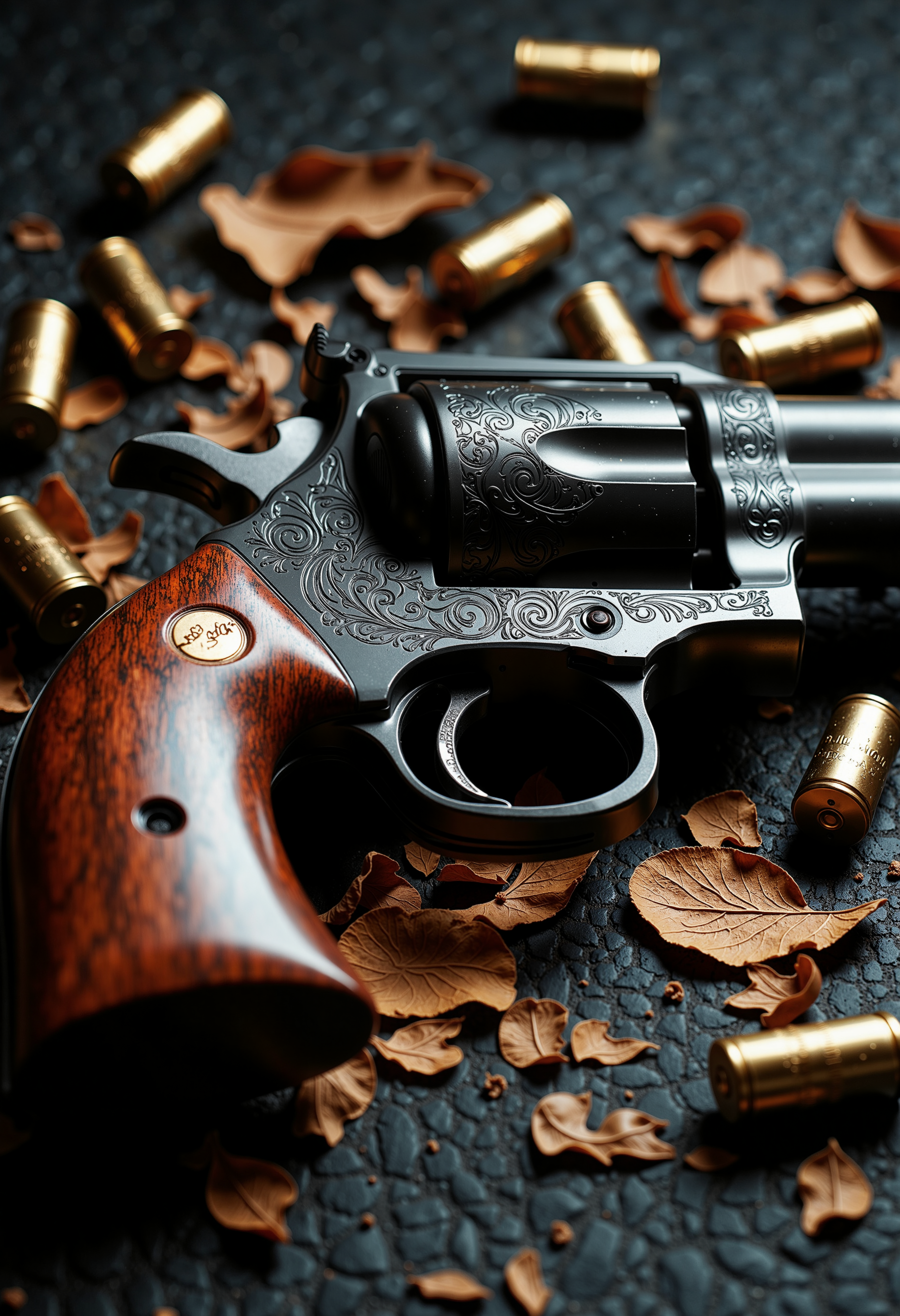 A hyperrealistic close-up of a vintage revolver resting on a textured black surface, surrounded by scattered golden shell casings. The revolver features a glossy black finish with intricate engravings on the body and a polished wooden grip, glimmering subtly under soft lighting. The background exhibits a blurred, dark pattern, enhancing the focus on the gun. Rich, contrasting colors of deep blacks and shiny gold highlight the weapon's details, while a few hints of earthy brown from fine tobacco leaves mingle with the casings, adding depth to the composition. The scene conveys a sense of tension and artistry, with a moody atmosphere that draws the viewer in.<lora:Flux/MysticFantasy.safetensors:0.5:0.5>