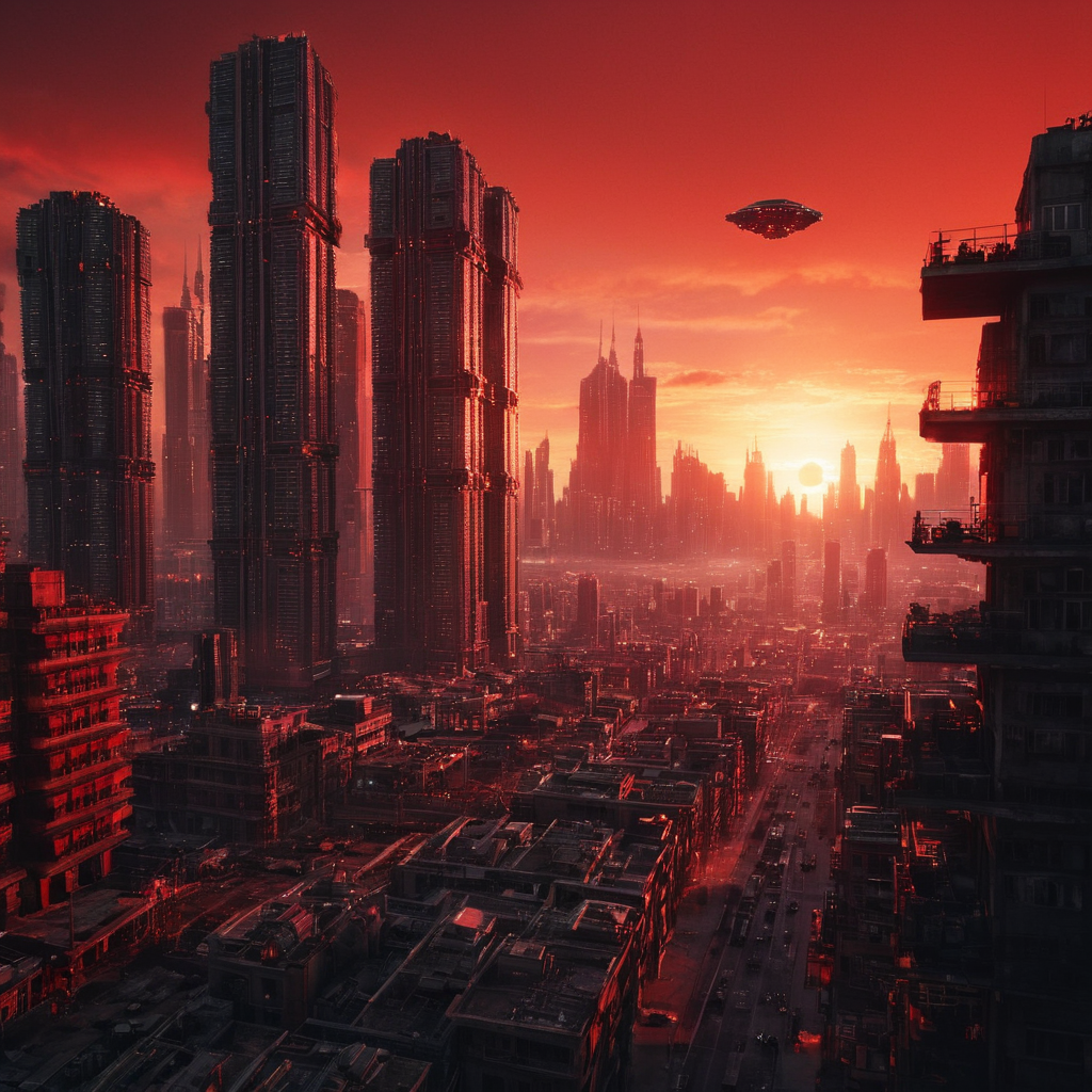 cinematic film still of  <lora:Cyberpunk Style:1>
a city with a lot of tall buildings and a red sky,bionic,transhuman,Dystopia,Dystopian,kakotopia,Science fiction,high tech,low life,societal collapse,Artificial,Posthuman,future,futuristic,Artificial intelligence,Cyborg,genetically-enhanced humans,sci-fi,Cyberpunk Style,outdoors,sky,signature,no humans,building,scenery,science fiction,sunset,city,sun,cityscape,spacecraft,red sky , Cyberpunk Style, shallow depth of field, vignette, highly detailed, high budget, bokeh, cinemascope, moody, epic, gorgeous, film grain, grainy