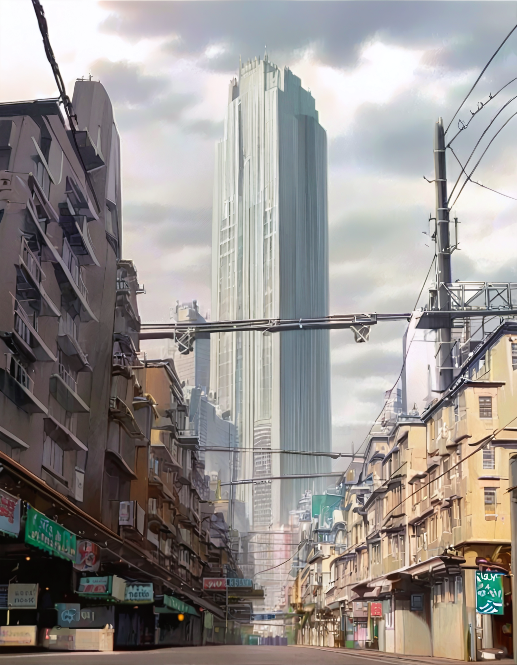masterpiece, best quality, newest, absurdres, highres, very awa, <lora:Cityscape-style-noobai-10-vpred>, city, building, scenery, tokyo \(city\), solo, cityscape, outdoors, real world location, sky, cloud, skyscraper, street, road, black hair, power lines, cloudy sky, anime screencap