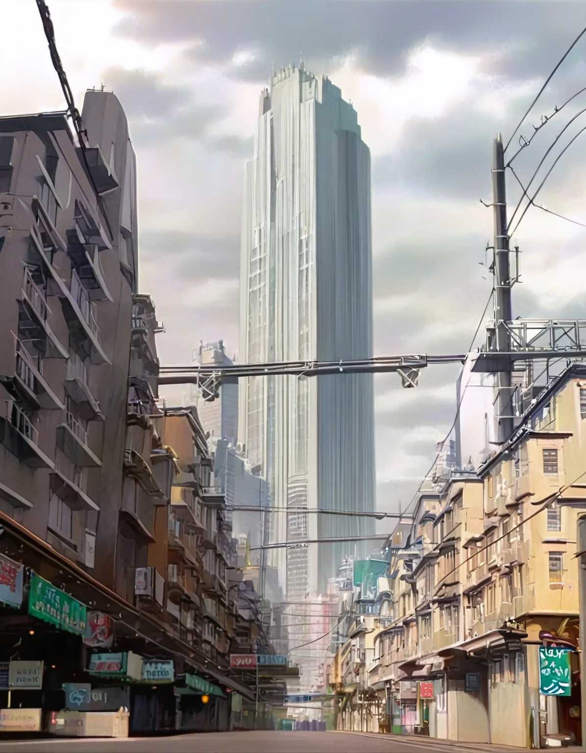 masterpiece, best quality, newest, absurdres, highres, very awa, <lora:Cityscape-style-noobai-10-vpred>, city, building, scenery, tokyo \(city\), solo, cityscape, outdoors, real world location, sky, cloud, skyscraper, street, road, black hair, power lines, cloudy sky, anime screencap