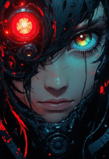 nistyle, monochrome analog Photo, extreme Face Closeup, a bright white female ethereal cyberpunk Princess, royal Aura, almighty Charming, hyperdetailed Photorealistic, with bleached vibrant colorful neon color Highlights, grey, red and white color grading.
