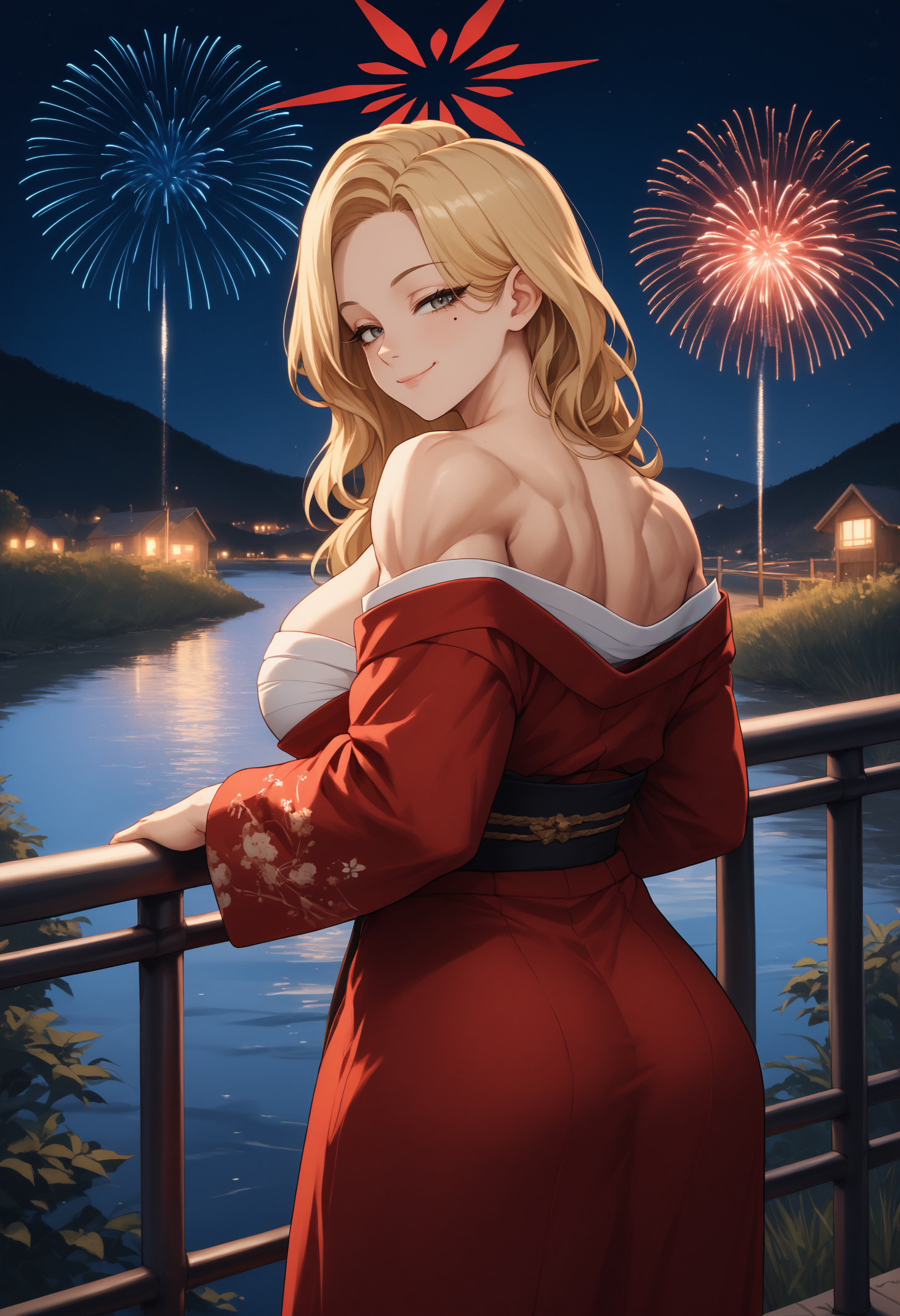 score_9, score_8_up, score_7_up, 1girl, akekur, grey eyes, blonde hair, long hair, mole under eye, red halo, large breasts, muscular female,
red kimono, off-shoulder kimono,
looking at viewer, looking back, smile, smug, bedroom eyes, cowboy shot, rear view, railing,
outdoors, night, dark, fireworks, river,
<lora:Kurihama-Akemi-PDXL_V1-Manityro-CAME:1.0>,