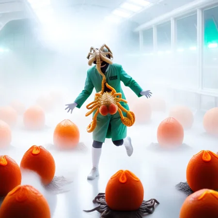 fchgr, blood orange style, xenoegg, view of a group of hatched xenoeggs, xenoeggs made of orange peel, horror theme, green light, space station interior, foggy ground, beautifully lit,
Female Doctor in lab coat with facehugger jumping at her, facehugger, alien facehugger