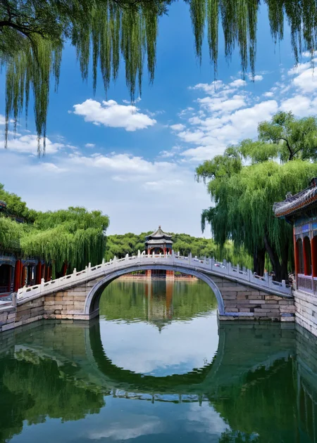 <lora:é¢åå:1>,The Summer Palace,scenery,no humans,outdoors,sky,reflection,water,tree,architecture,bridge,blue sky,building,day,reflective water,river,window,east asian architecture,cloud,, masterpiece, best quality,