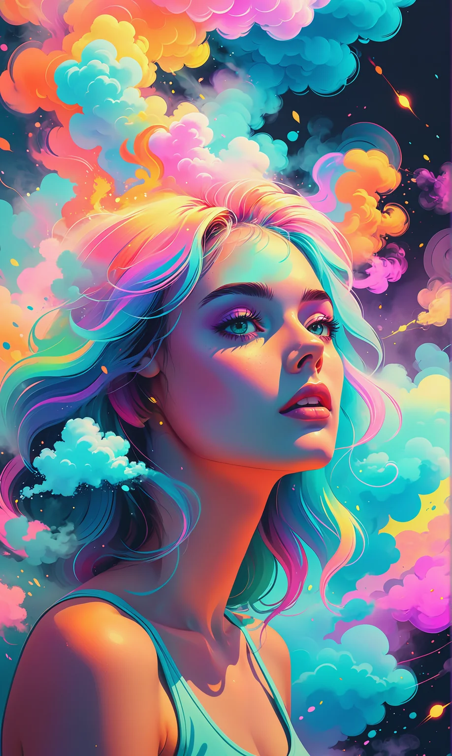soft pastel colors, cartoon style illustration of a woman as she sees the world while experiencing hallucinations, stoned, splash art, splashed pastel colors, (soft iridiscent glowy smoke) motion effects, best quality, wallpaper art, UHD, centered image, MSchiffer art, ((flat colors)), (cel-shading style) very vibrant neon colors, ((low saturation)) ink lines, iridiscent,<lora:xl_more_art-full_v1:0.3> <lora:MJ52:0.4>