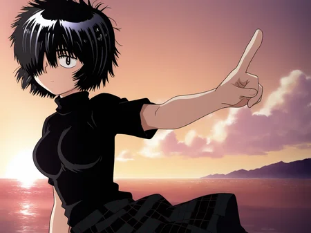 UrabeMikoto, 1girl, short hair, black hair, solo, black turtlenneck sweater, (hair over one eye), messy hair, source_anime, <lora:UrabeSDXL-Pony-16-16-C:1>, medium breasts, sunset, plaid skirt