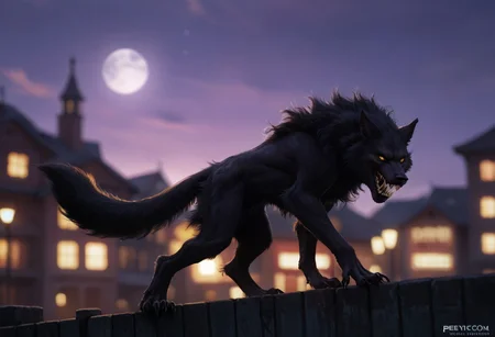 Score_9, score_8_up, score_7_up, score_6_up, SpecStyle, <lora:SpecPony:1.1>, wide shot, BREAK, from side, 1boy, Werewolf, (furry male, solo, black fur, animal ears, yellow eyes, sharp teeth, claws),
purple sky, yellow full moon, blurry background, building, blurry, parody, 1boy, solo, outdoors, night, full_body, male focus, prowling, rooftop,