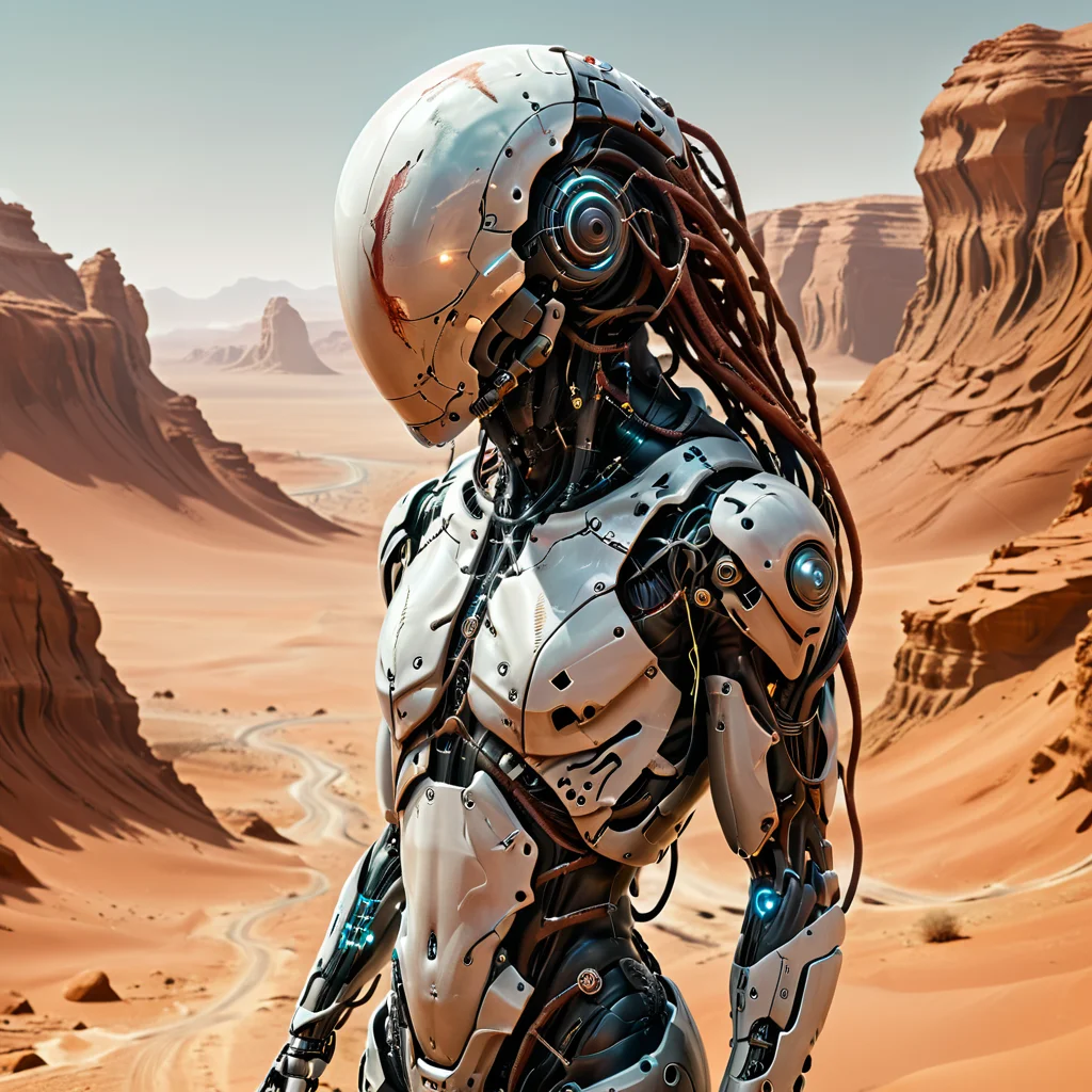 grim cyborg in mars desert scenery, dreadlocks, cables, artistic and abstract, key visual, muted  soft colors  <lora:Faceless_Cyborgs:0.7> noface, cyborg <lora:wuzzolismus:0.85>  <lora:hyperkraximalism_v1-1:0.3>