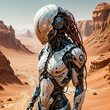 grim cyborg in mars desert scenery, dreadlocks, cables, artistic and abstract, key visual, muted  soft colors  <lora:Faceless_Cyborgs:0.7> noface, cyborg <lora:wuzzolismus:0.85>  <lora:hyperkraximalism_v1-1:0.3>
