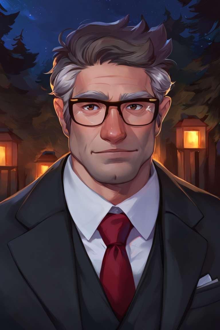 score_9, score_8_up, score_7_up, stanford pines, 1boy, solo, male focus, mature male, muscular male, old man, short hair, grey hair, two-tone hair, brown eyes, thick eyebrows, glasses, black-framed eyewear, facial hair, stubble, long sideburns, looking at viewer, formal, suit, black suit, grey vest, white shirt, red necktie, standing, upper body, portrait, outdoors, forest, pine tree, night, night sky <lora:Stanford (Ford) Pines - Gravity Falls v1.0 Edited MIX [LoRA] - Pony V6 XL:0.8>