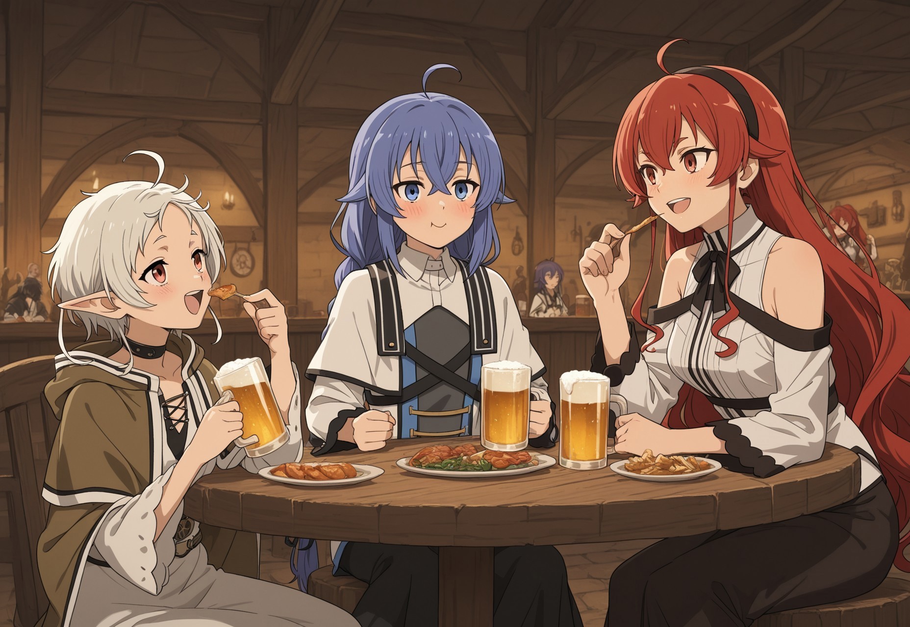 masterpiece, high quality, aged up, 3girls,, small breasts, roxy migurdia,  eris greyrat, sylphiette \(mushoku tensei\), fantasy, tavern,drinking glass,beer, happy, eating